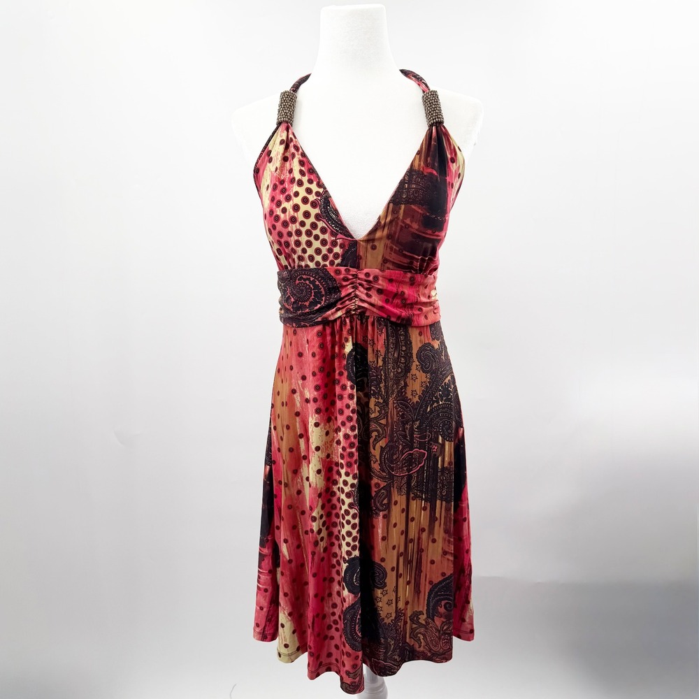 Vintage Y2K Whimsygoth Patchwork Halter Dress in Red Paisley Size M